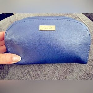 Furla authentic Navy Leather Zip Pouch gold hardware NWT